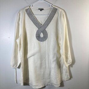 Womens JM Collection‎ V Neck Linen Tunic White Silver Embroidered Beaded XL